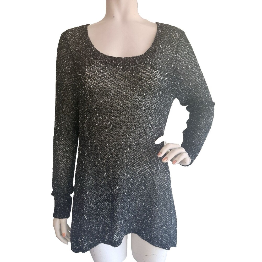 EILEEN FISHER Sweater Top Black White Sheer Textured Long Sleeve Tunic Size L